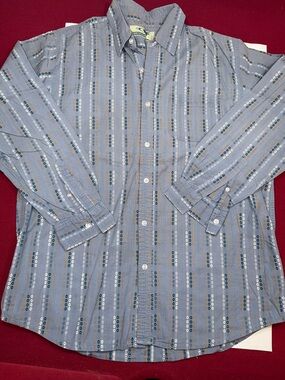 FERRUCHE blue geometric tan white embroidered button collared SHIRT men’s XL